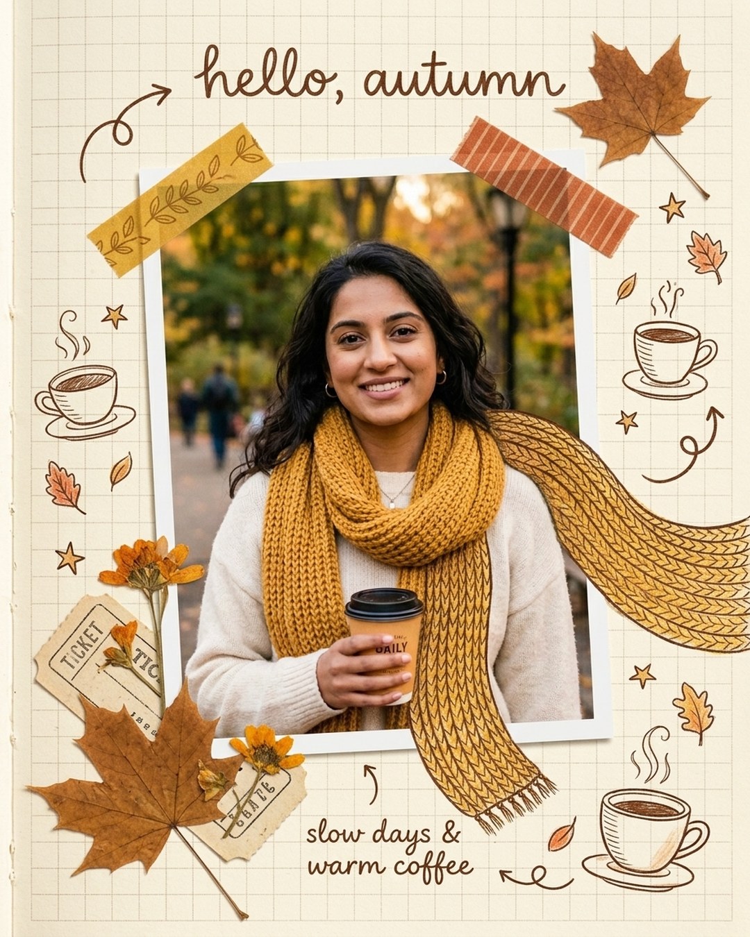 Autumn Scrapbook Instagram Post from Your Photo – Half Real, Half Hand-Drawn Doodle Edit – Gemini Nano Banana AI Prompt